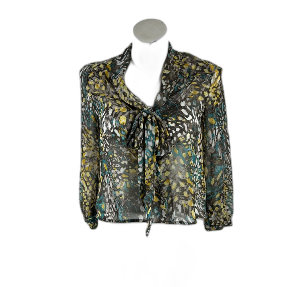 Bobeau Blouse Size S Semi Sheer Bow Long Sl Hi Low Yellow Teal Gray Button